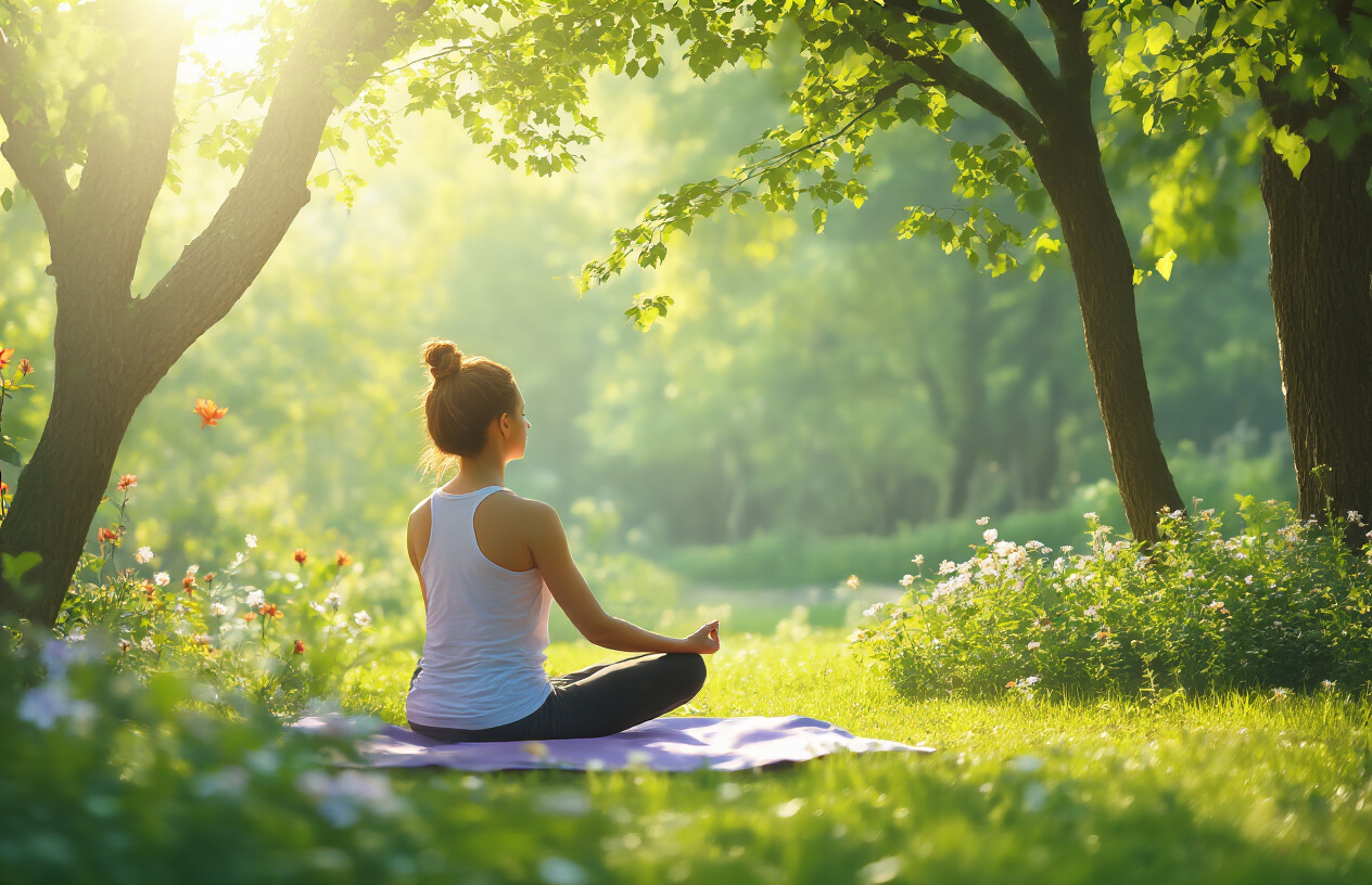 Create a realistic image of a serene natural environment with a person meditating on a yoga mat in a lush green park, surrounded by trees and flowers, with clean air and sunshine filtering through leaves, depicting environmental wellness and connection with nature, showing how our surroundings impact overall wellbeing.
