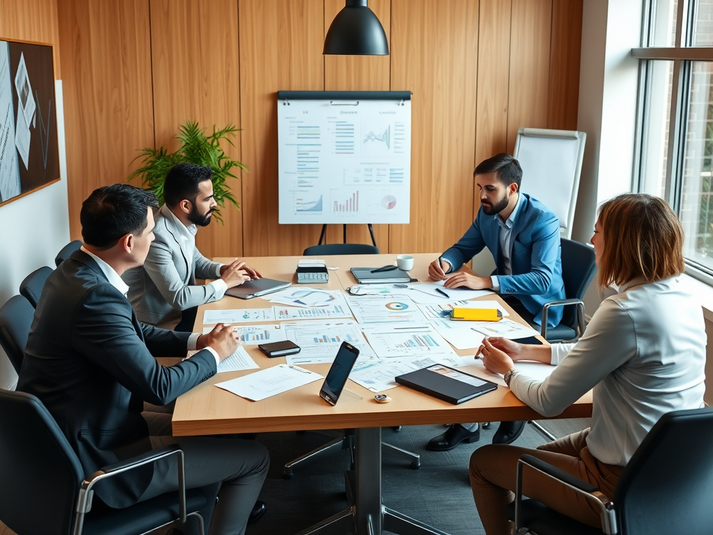corporate team brainstorming PPC campaign strategies around a conference table with charts and notes