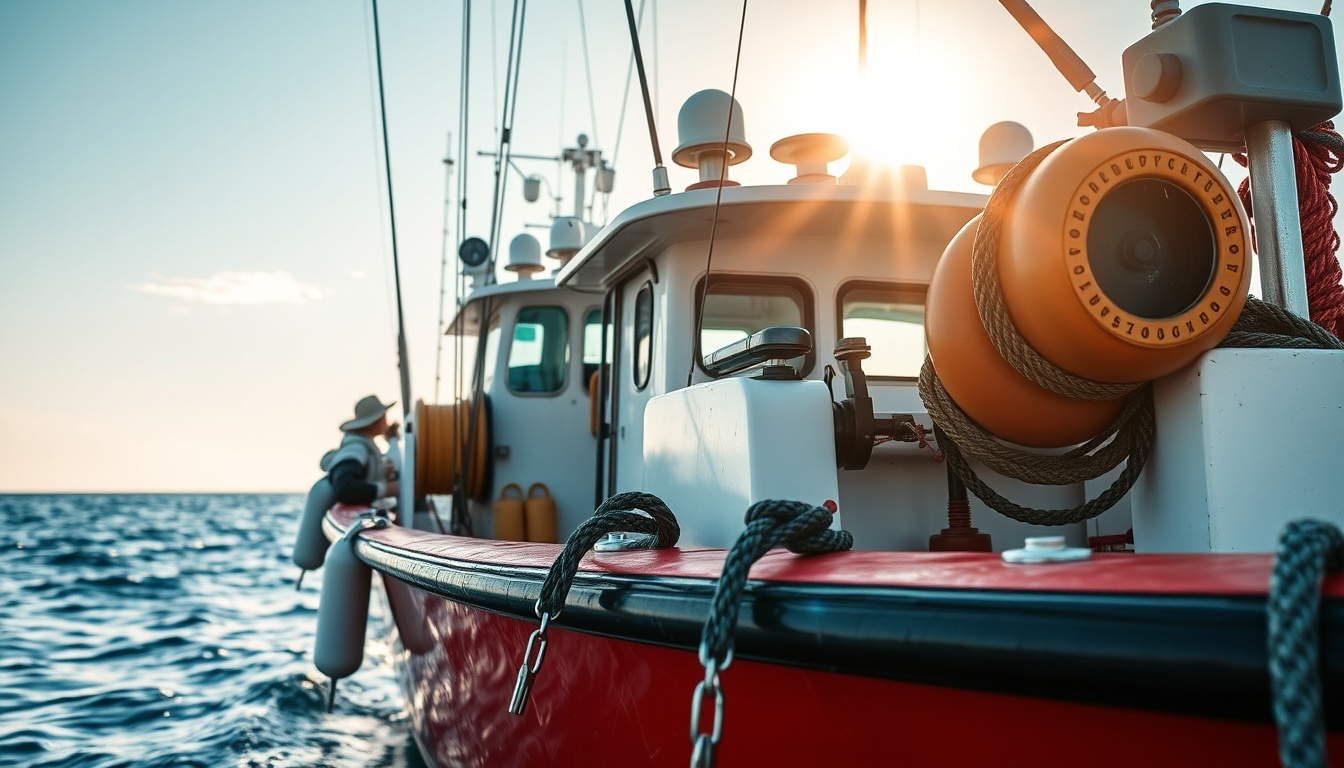  close-up of a modern fishing boat with fishing gear on a sunny day