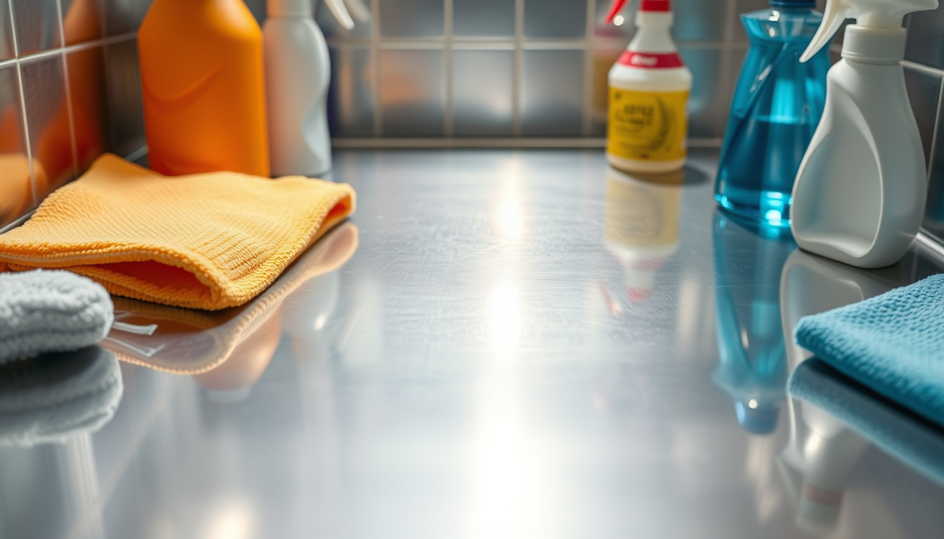  Close-up of shiny metal surfaces reflecting light, surrounded by cleaning supplies—sparkling results