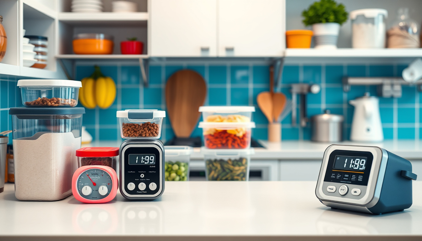  Busy kitchen with organized meal containers and timers on a countertop