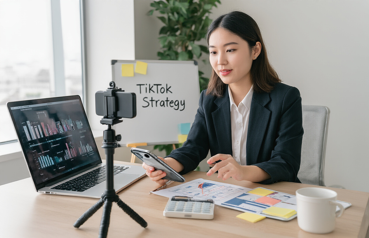 Create a realistic image of a young Asian female marketing professional sitting at a desk with a smartphone on a tripod, creating TikTok content while a budget spreadsheet is visible on her laptop screen, showing cost-effective marketing strategies, with post-it notes and a small whiteboard with "TikTok Strategy" written on it in the background, in a modern office with natural lighting.