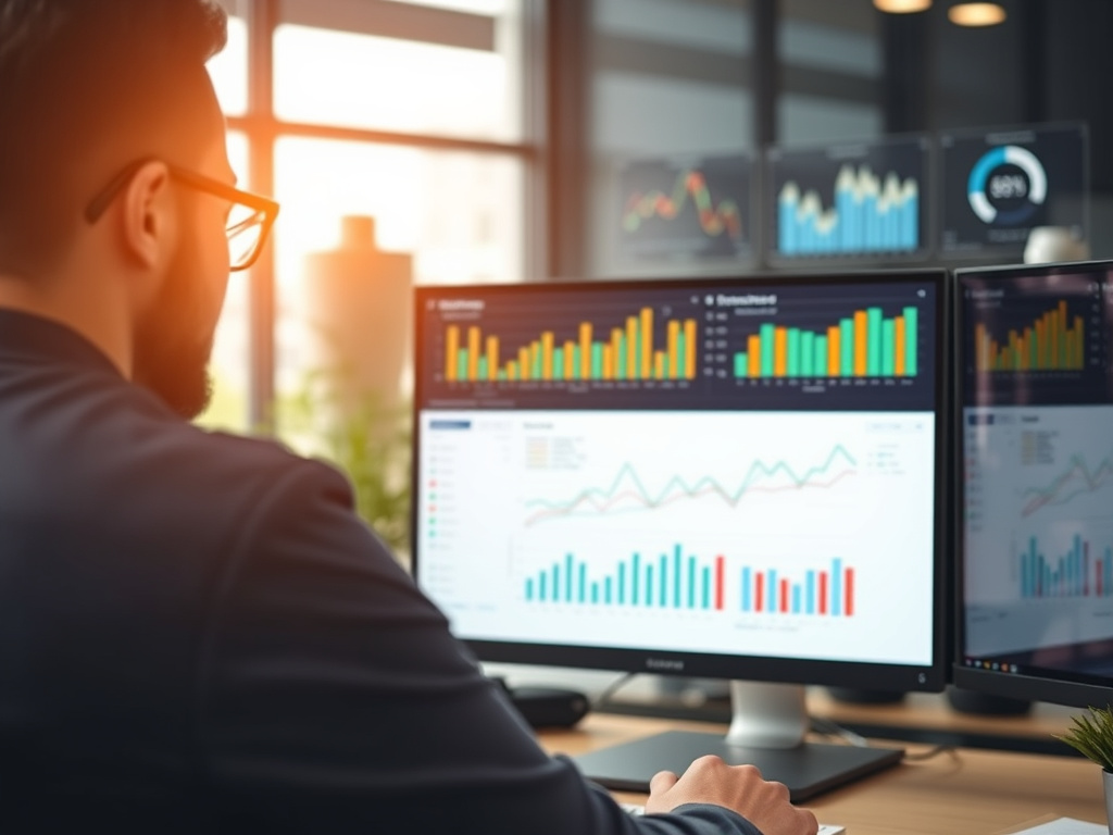 professional digital marketing strategist reviewing website analytics on a corporate monitor with charts and data visualizations