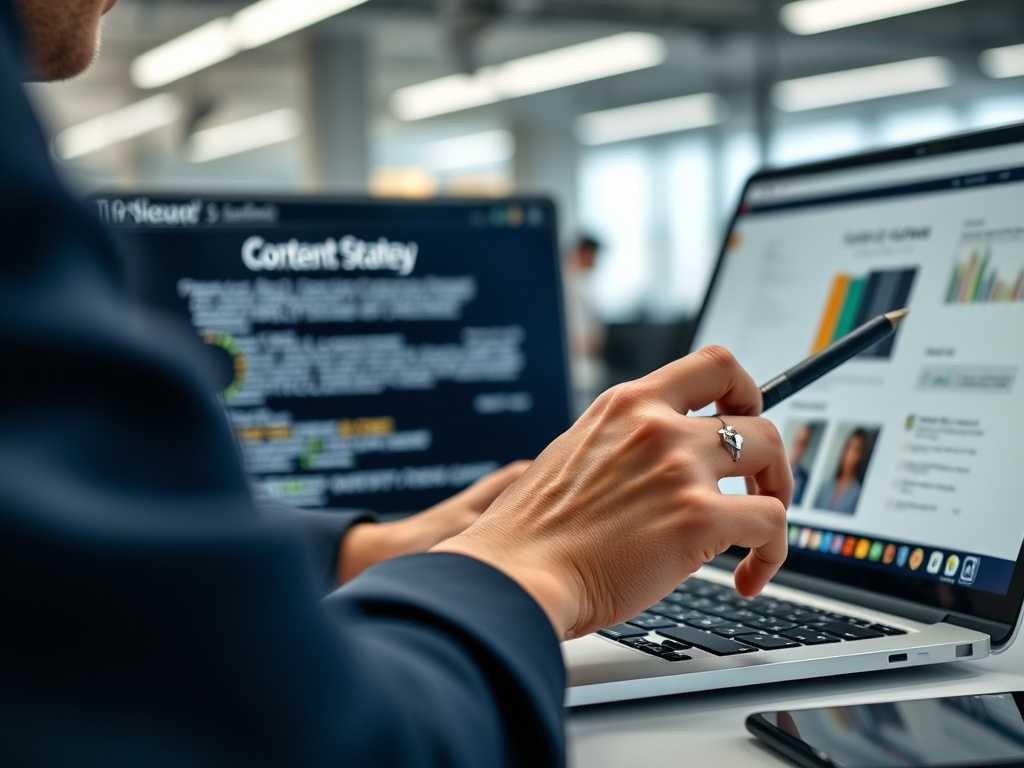 Close-up of a person optimizing a website with focus on content strategy and technical SEO elements, in a sleek corporate workspace