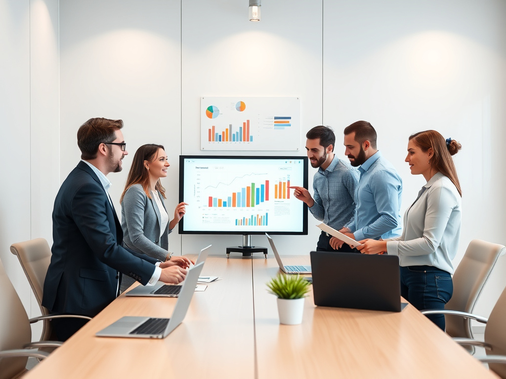 corporate team collaborating on SEO strategy with digital charts and laptops in a conference room