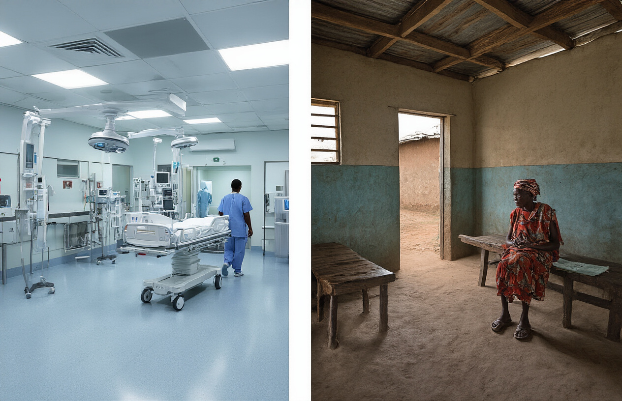 Create a realistic image of a split-screen comparison showing two contrasting healthcare facilities in Africa - one modern hospital with advanced equipment and professional staff in a major city, and one basic rural clinic with limited resources, illustrating the dramatic variance in healthcare infrastructure across the continent.