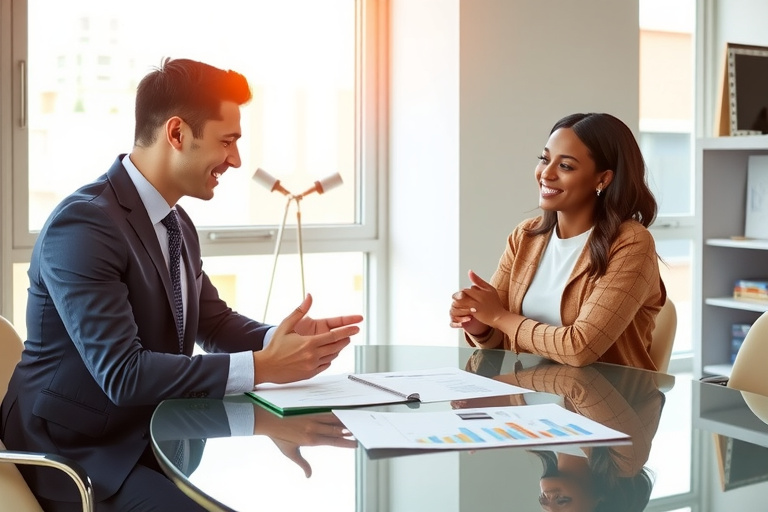 professional photo of a financial coach in business casual attire discussing financial plans with a diverse couple at a glass conference table in a bright modern office, with charts and documents on the table, warm natural lighting from large windows, friendly and engaged expressions