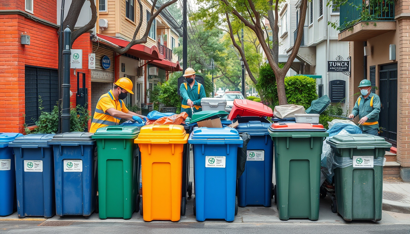  Efficient workers organizing trash bins, vibrant neighborhood cleanup scene