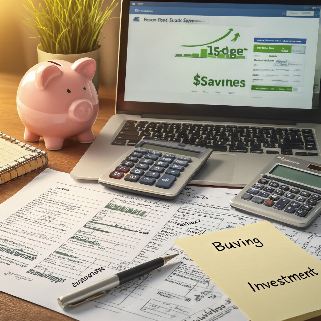 Create a realistic image of a desk with organized financial documents, a calculator, budget worksheet, piggy bank, and a laptop showing a personal finance tracking app, with warm lighting highlighting key financial terms like "Budget," "Savings," and "Investment" written neatly on visible paper notes.