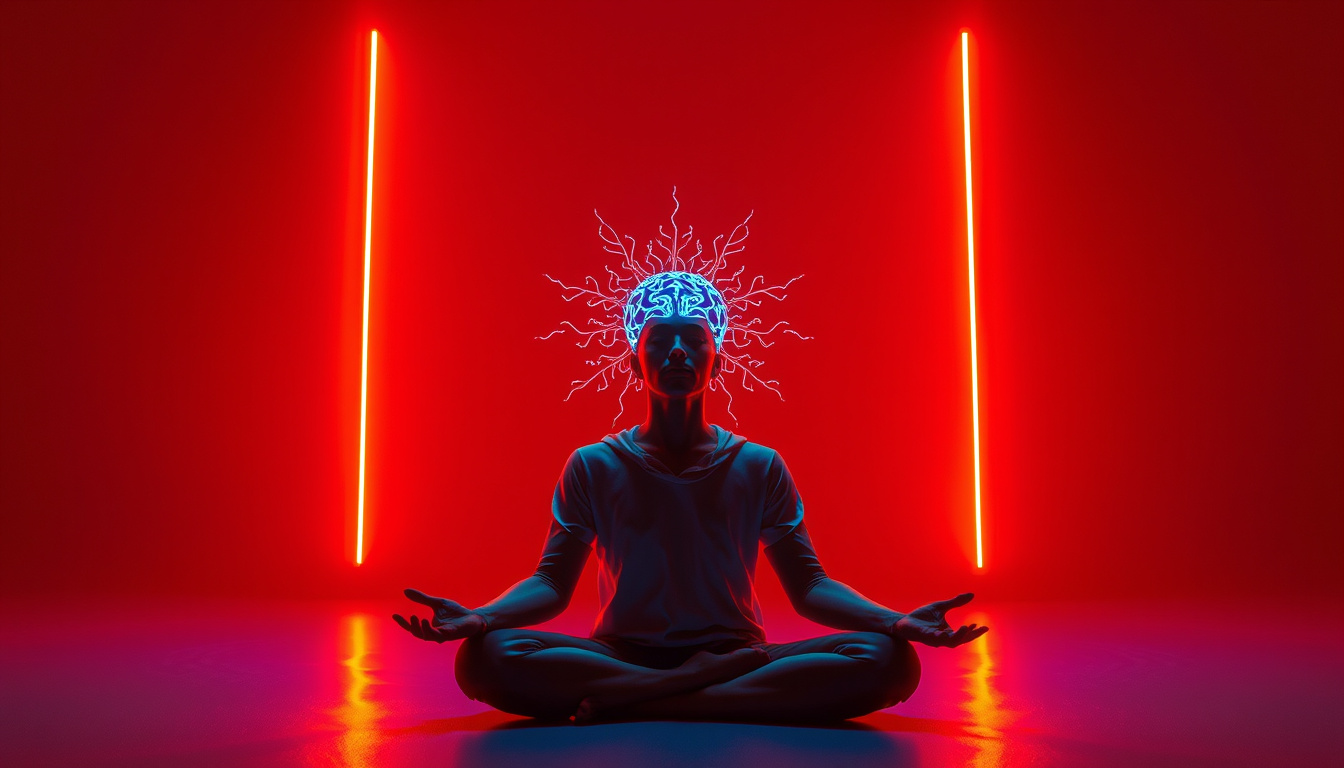  Person meditating with neural enhancements under neon lights
