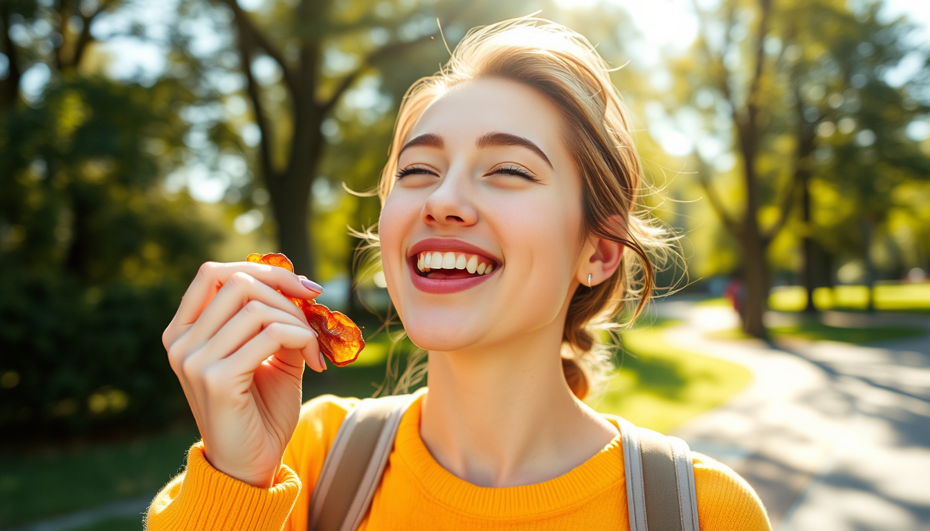  Energetic young woman enjoying dried fruit snack in sunlit park, vibrant colors