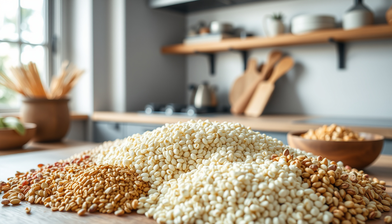  Close-up of diverse grains and their uses in a kitchen