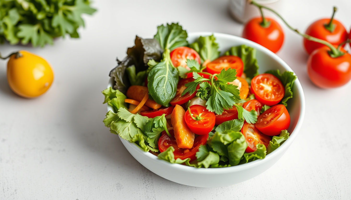  Bright, healthy meal with vibrant greens and reds, clean eating concept