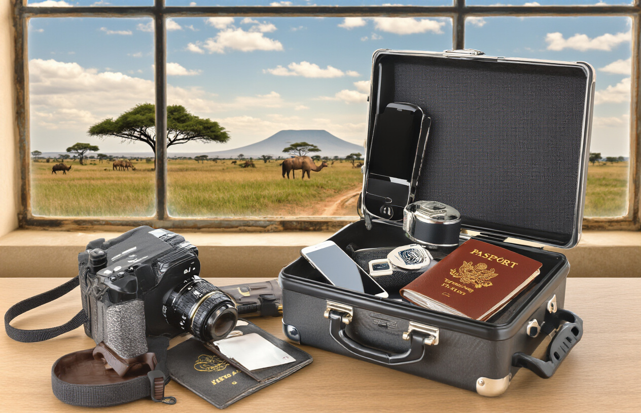 Create a realistic image of a tourist's valuable equipment (smartphone, camera, passport, wallet) securely stored in a travel safe or lockbox with an African landscape visible through a nearby window, highlighting the importance of safeguarding possessions while traveling in Africa.