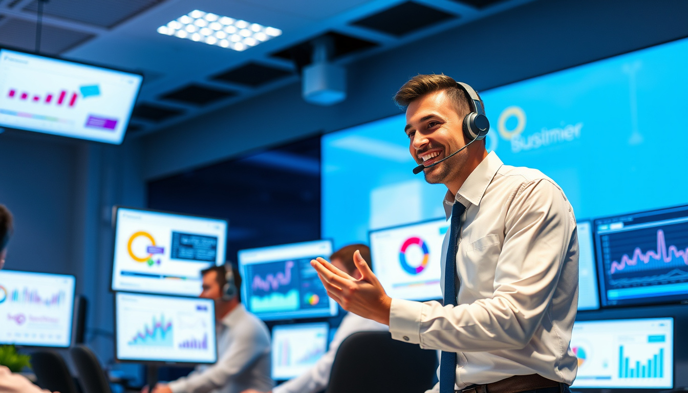  busy customer service team with multiple screens, colorful graphs, upbeat atmosphere