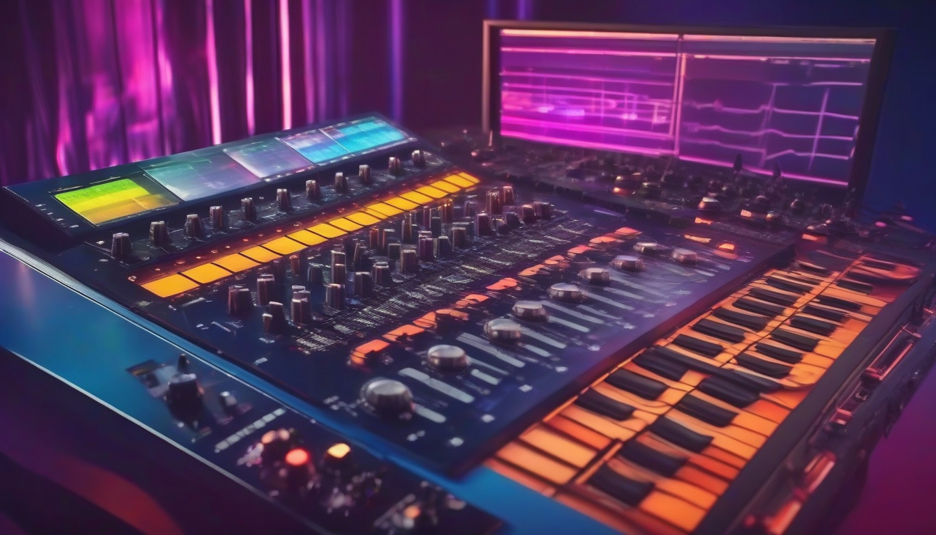  dramatic film score composition with mixing console and musical instruments, immersive sound design