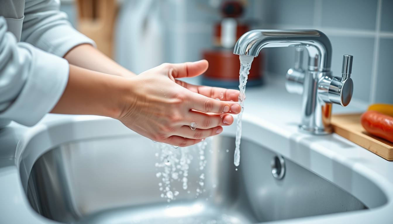  person washing hands thoroughly at kitchen sink, hygienic cooking environment, close-up