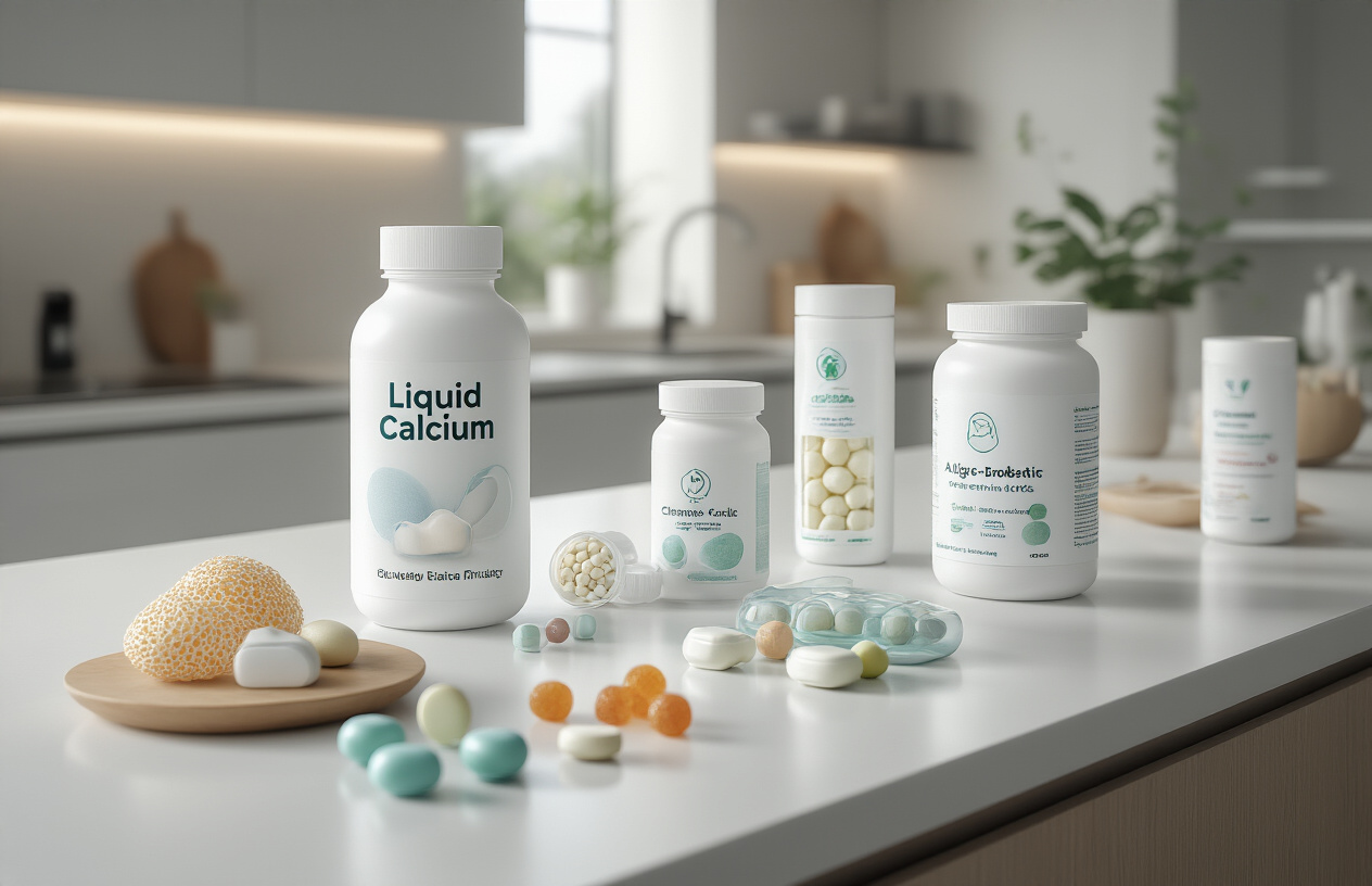 Create a realistic image of a modern kitchen countertop displaying innovative dental health foods and supplements for 2025, featuring a sleek bottle of liquid calcium, chewable probiotic gummies, algae-based calcium tablets, 3D-printed calcium-enriched snacks, and smart packaging with nutrient indicators, all arranged on a clean white surface with soft natural lighting highlighting the futuristic design of the products.