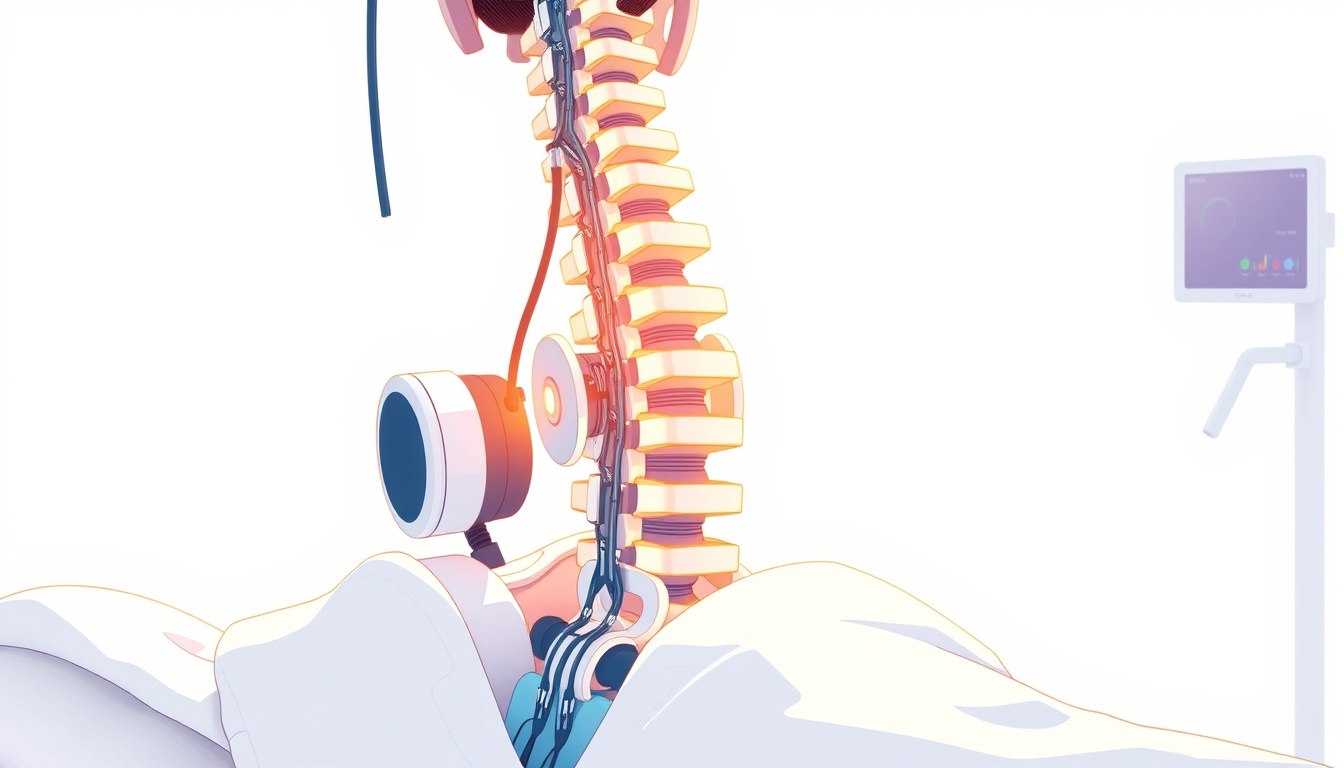  A detailed illustration of a high-tech spinal recovery device working on a patient