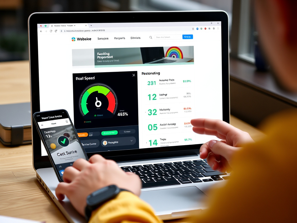 professional website developer analyzing website speed and mobile responsiveness on a laptop