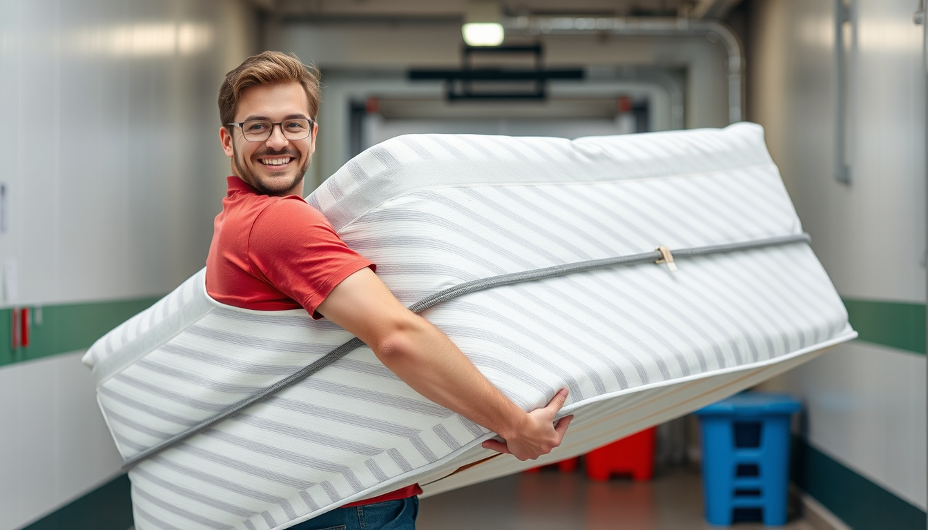  hassle-free mattress removal, smiling person carrying mattress, clean recycling center background, bright lighting