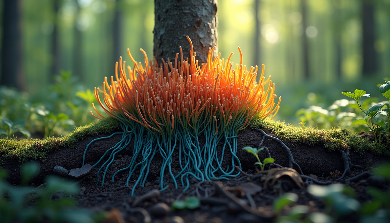  Cross-section of vibrant mycelium connecting tree roots in lush forest