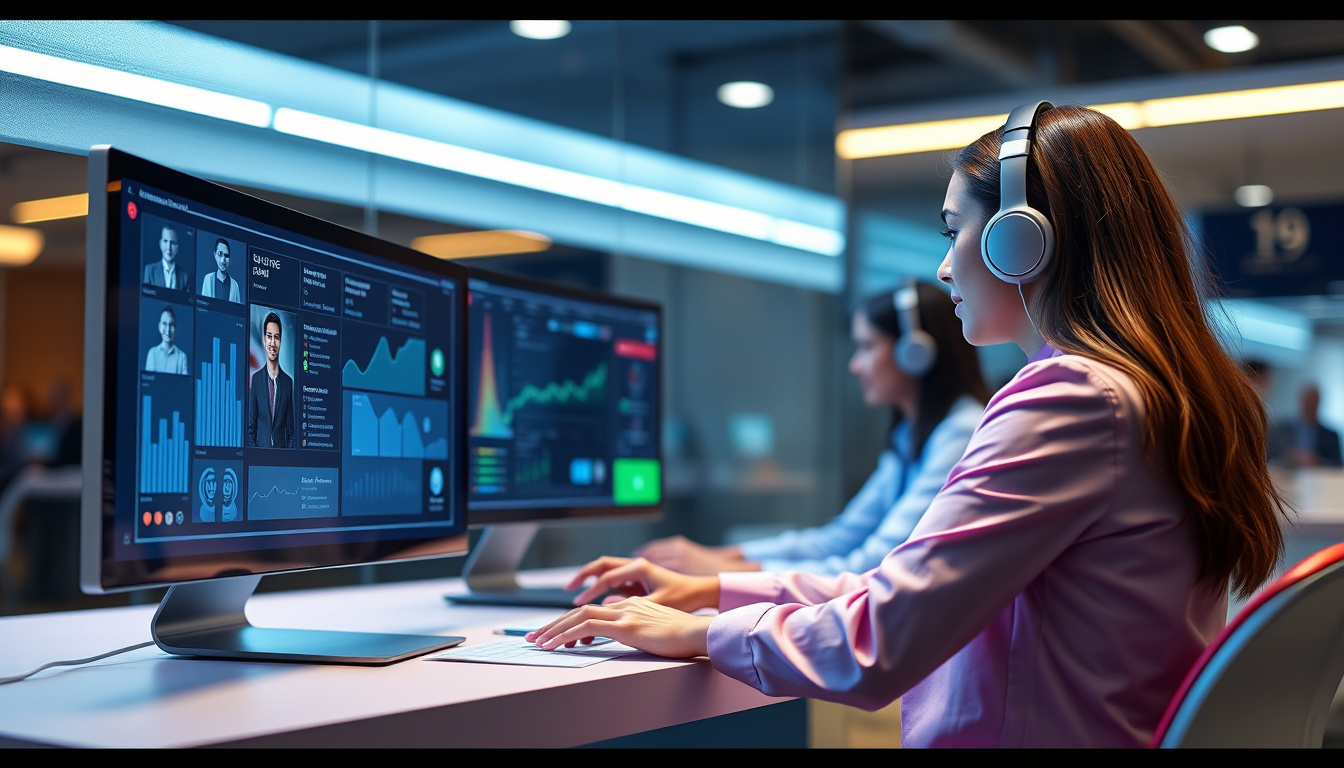  sleek automated call center assistant helping diverse customers efficiently, digital interface glowing