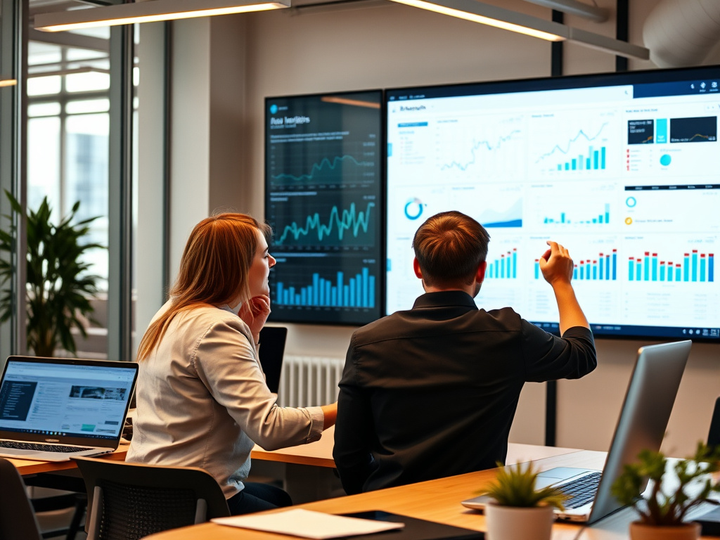 professional team analyzing website analytics on a large screen in a modern office with digital charts