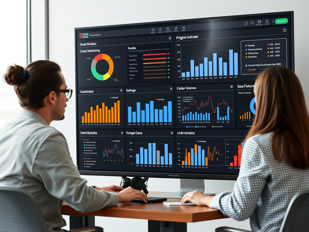 professional business team analyzing digital marketing dashboards with SEO and SEM metrics