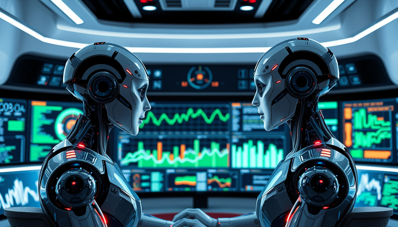  Digital humanoid AI agents analyzing complex data streams in a sleek modern control room