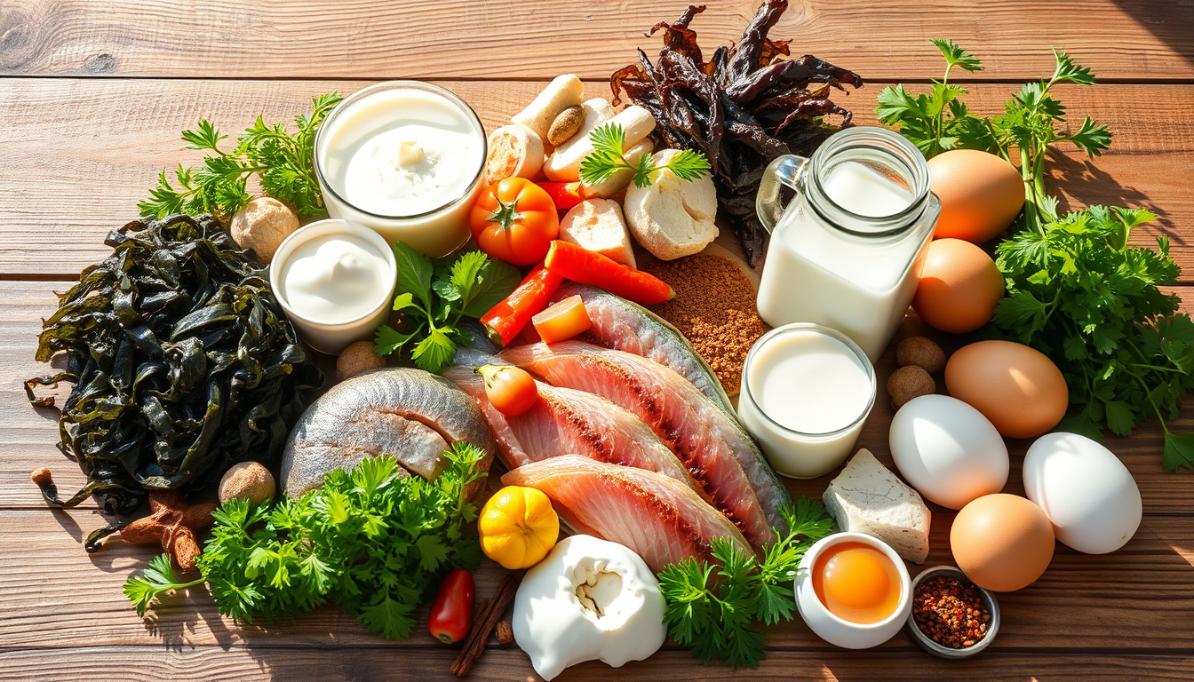 Unlock the Benefits of<b> Iodine-Rich Foods</b> for Optimal Health and Wellness’ style=’display: block; margin: auto; max-width: 100%; height: auto;’></p>
<h2>Key Takeaways</h2>
<ul>
<li>Iodine is essential for maintaining healthy thyroid function and overall well-being.</li>
<li>Incorporating<b> iodine-rich foods</b> like seaweed, fish, and dairy can enhance your health.</li>
<li>Iodine plays a critical role in regulating metabolism and boosting energy levels.</li>
<li>Understanding the symptoms of iodine deficiency can help you take proactive measures.</li>
<li>Delicious recipes featuring<b> iodine-rich foods</b> can make healthy eating enjoyable.</li>
</ul>
<h3>Understanding Iodine and Its Importance for Health</h3>
<p>Iodine is a trace mineral that’s often overlooked, yet it plays a vital role in maintaining our health! Essential for the production of thyroid hormones, iodine helps regulate metabolism, energy levels, and even mood. A deficiency in this important nutrient can lead to various health issues, including goiter and developmental problems in children. Thankfully, incorporating<b> iodine-rich foods</b> into your diet can help ensure you’re getting enough of this crucial element. Some of the top sources include seaweed, fish, dairy products, and iodized salt. So if you want to “sea” better health, consider adding these delicious<b> iodine-rich foods</b> to your plate!</p>
<h3>Top<b> Iodine-Rich Foods</b> to Include in Your Diet</h3>
<p>When it comes to maintaining optimal thyroid function and overall health, incorporating<b> iodine-rich foods</b> into your diet is essential. Iodine is a crucial mineral that our bodies cannot produce, so we must rely on dietary sources to meet our needs. Top<b> iodine-rich foods</b> to consider include seaweed (like nori, kelp, and dulse), which is packed with this vital nutrient and can easily be added to soups, salads, and sushi. Other great sources include fish and shellfish—think cod, shrimp, and salmon—which also provide healthy omega-3 fatty acids. Dairy products like milk, yogurt, and cheese are also good options, along with eggs, particularly the yolk which harbors a fair amount of iodine. For a twist of flavor, try using iodized salt in your cooking; it’s an easy way to boost your iodine intake without changing your meals significantly. Remember, just a little iodine goes a long way toward keeping your thyroid—and you—happy!</p>
<blockquote><p>‘Let food be thy medicine and medicine be thy food.’ – Hippocrates</p></blockquote>
<h3>How Iodine Affects Thyroid Function</h3>
<p>Iodine is a crucial element that plays a vital role in supporting optimal thyroid function, which is responsible for regulating metabolism, energy production, and overall hormonal balance in the body. A deficiency in iodine can lead to various thyroid-related issues, including hypothyroidism, characterized by fatigue, weight gain, and sensitivity to cold. To prevent such conditions, incorporating<b> iodine-rich foods</b> into your diet is essential. These foods include seaweed, fish, dairy products, and iodized salt, which are all excellent sources of this important nutrient. By ensuring adequate iodine intake through these foods, you can help maintain a healthy thyroid, boost your metabolic health, and avoid the negative effects of iodine deficiency. Remember, a happy thyroid leads to a happier you!</p>
<p><a href=