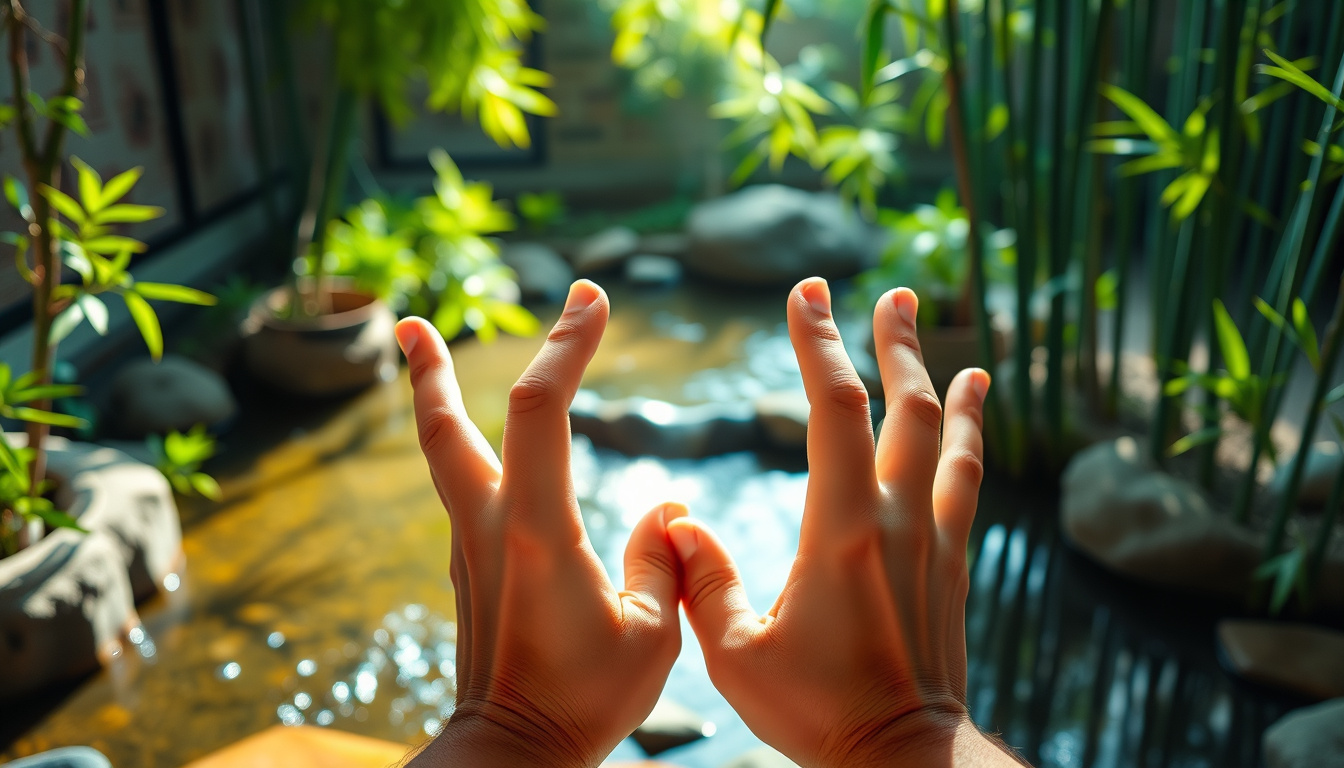  Close-up of hands in mudra position, soft light, tranquil zen garden with flowing water and green bamboo