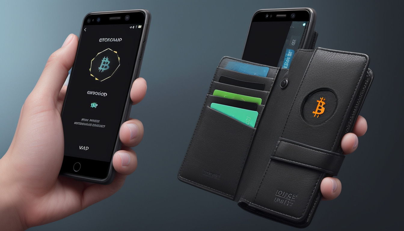  close-up of hands holding smartphone with encrypted blockchain wallet interface, dark theme