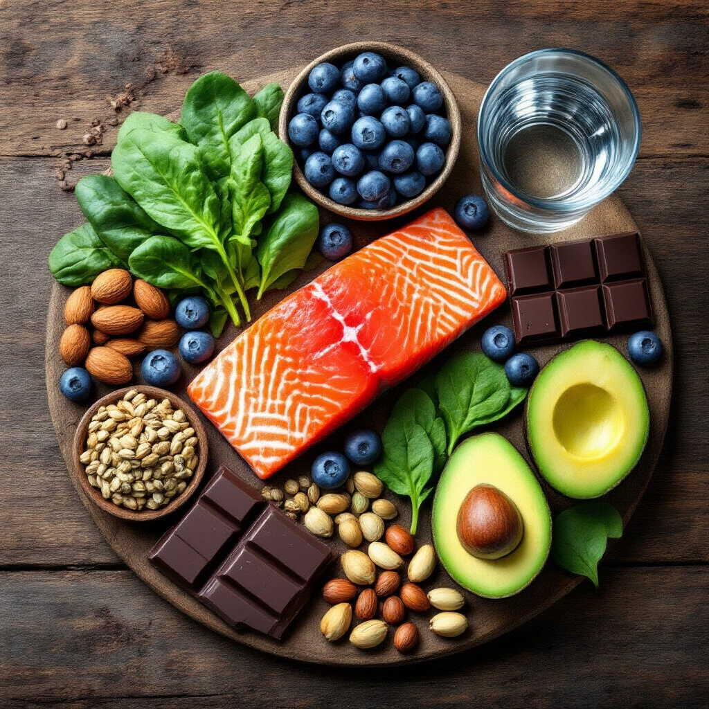 Create a realistic image of various brain-boosting foods arranged on a wooden table, featuring omega-3 rich salmon, colorful blueberries, leafy greens, nuts, seeds, avocados, and dark chocolate, with a glass of water, all photographed from above in natural lighting, creating a visually appealing composition that highlights essential nutrients for cognitive function.