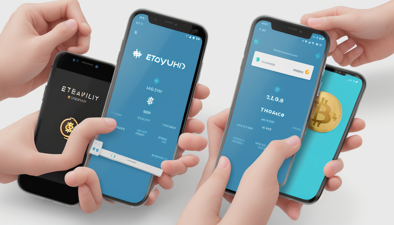  Hands exchanging cryptocurrency via sleek transparent smartphone with blockchain network in background