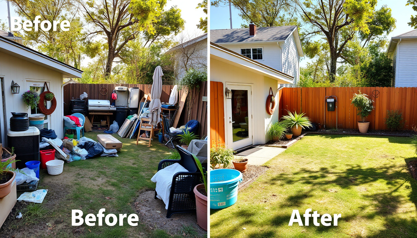  before and after home cleanup, cluttered yard transformed to clean space, bright daylight