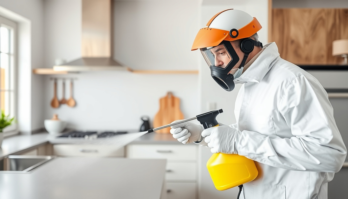  Professional exterminator spraying eco-friendly chemicals in a modern kitchen, German cockroach eradication focus