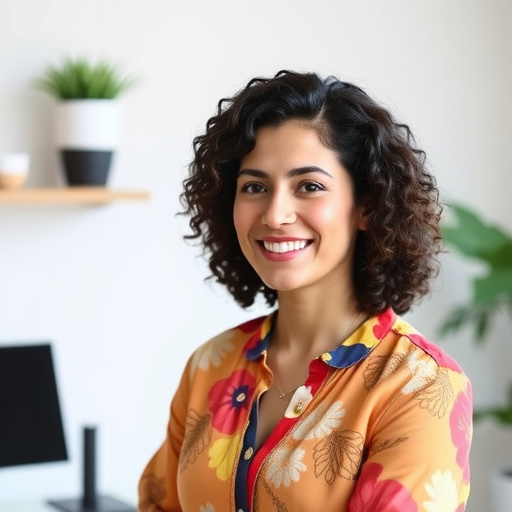 professional headshot of a Hispanic female financial coach in her early 30s, warm smile, curly hair, wearing a colorful blouse, bright office background