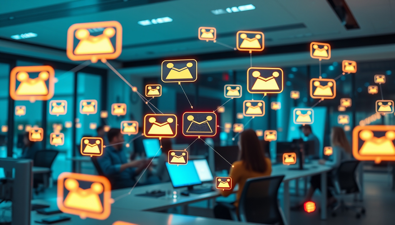  digital communication hub with glowing message nodes, employees exchanging data efficiently in modern workspace