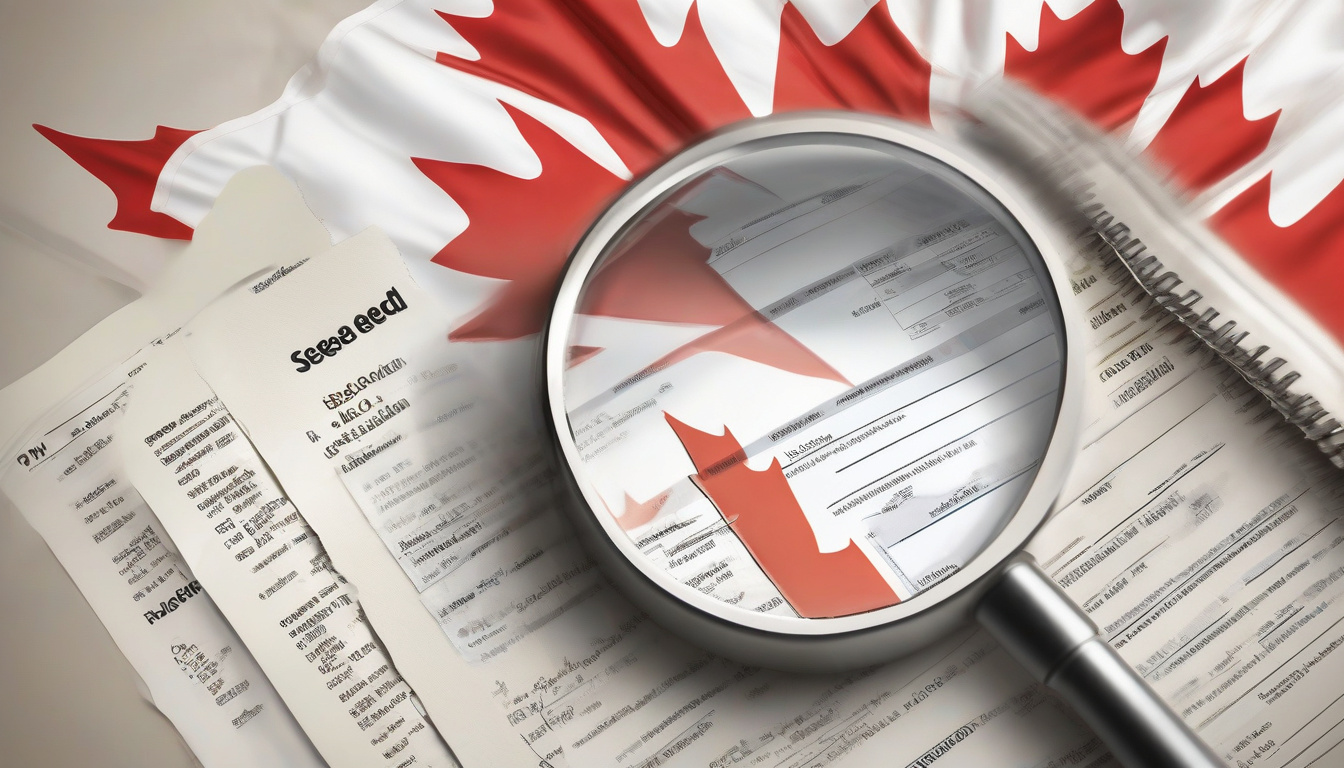  Abstract illustration of financial documents and Canadian flag with magnifying glass focusing on debt recovery steps