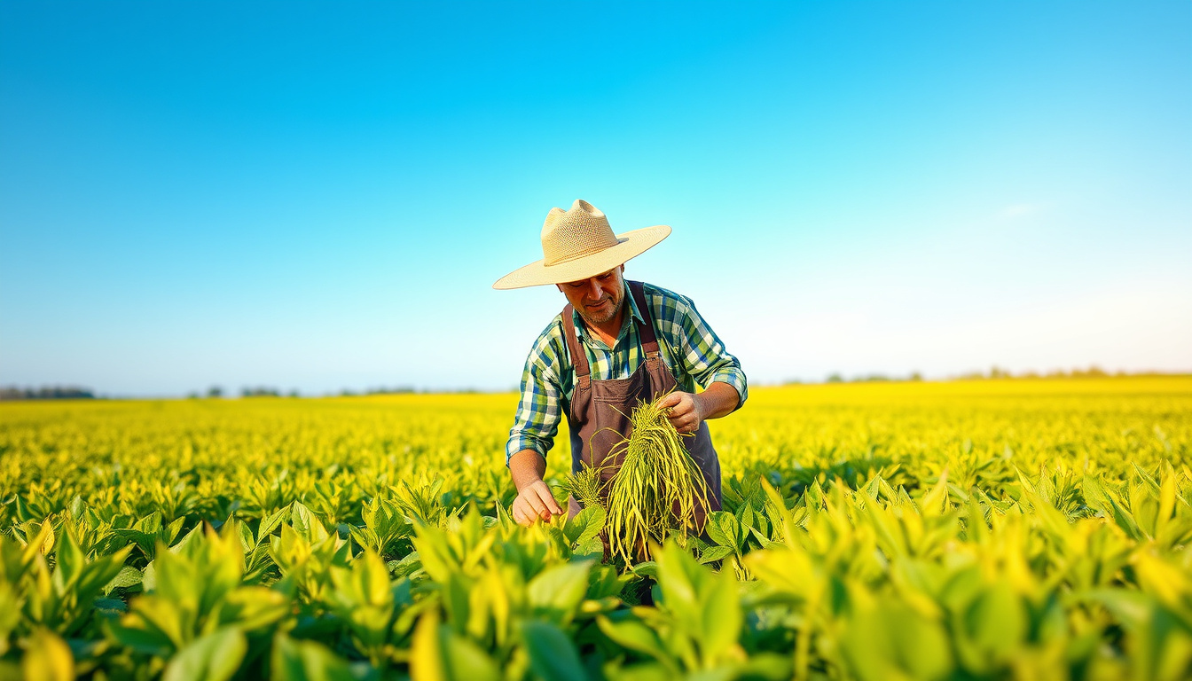  Farmer harvesting organic crops in green fields under blue sky, sustainable agriculture, eco-friendly environment