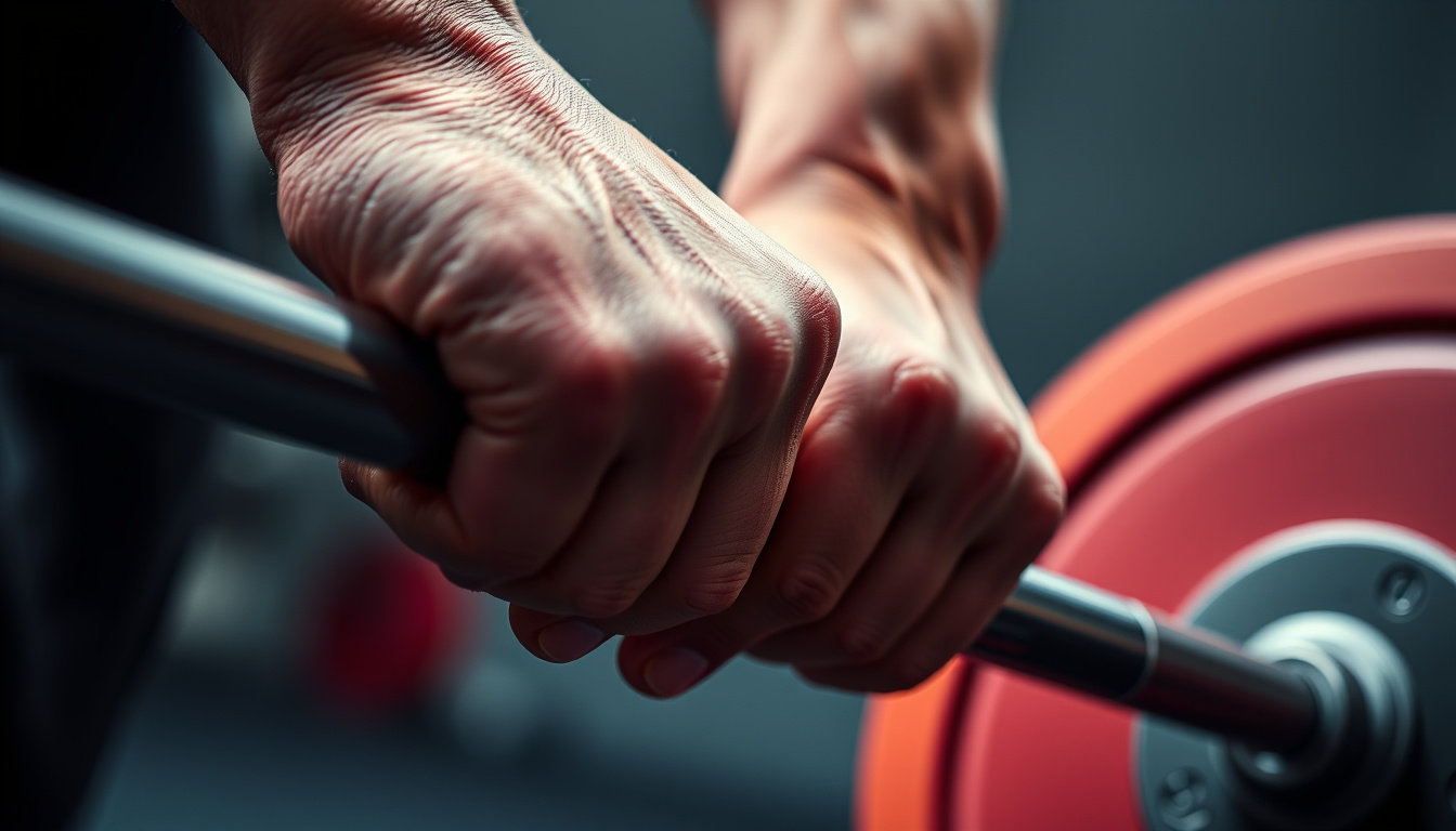 Close-up of gripping hands on a loaded barbell for powerlifting