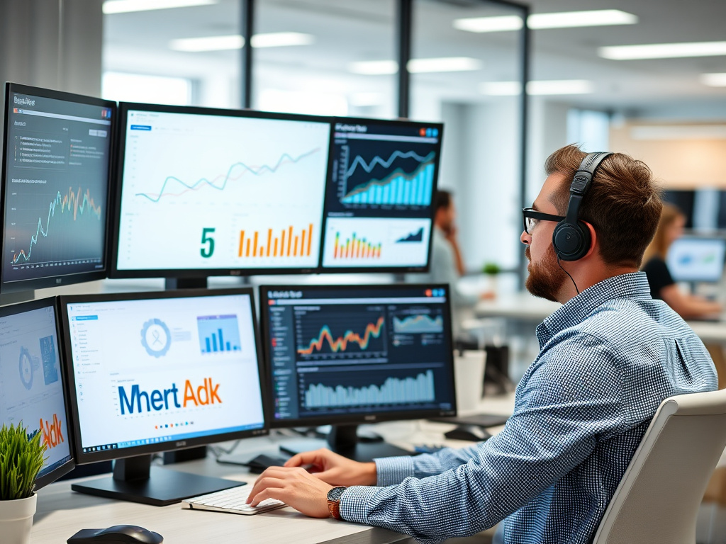 digital marketing professional analyzing website analytics on multiple screens with charts and graphs in a corporate office