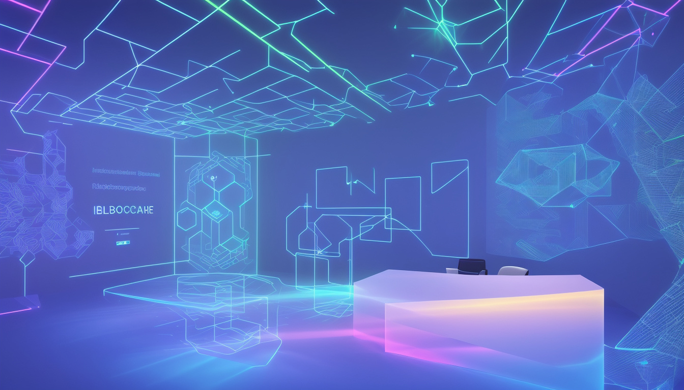 diverse team collaborating around holographic blockchain interface in modern office