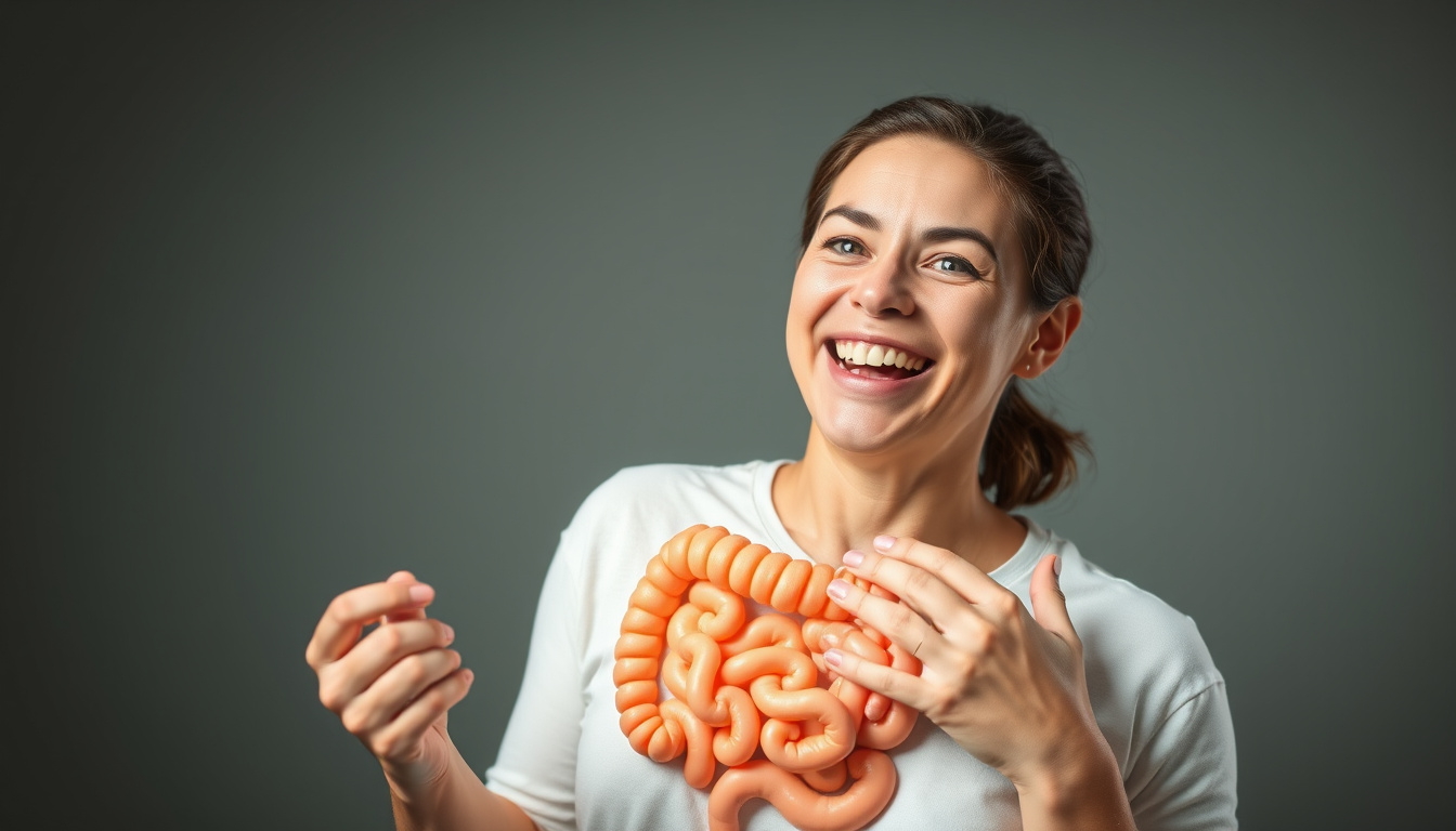  Happy person enjoying healthy digestion, bright and balanced intestinal environment