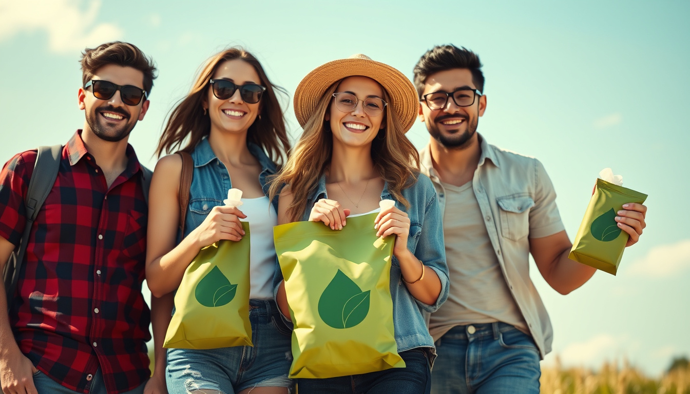  Happy consumers holding sustainable packages outdoors under sunny sky