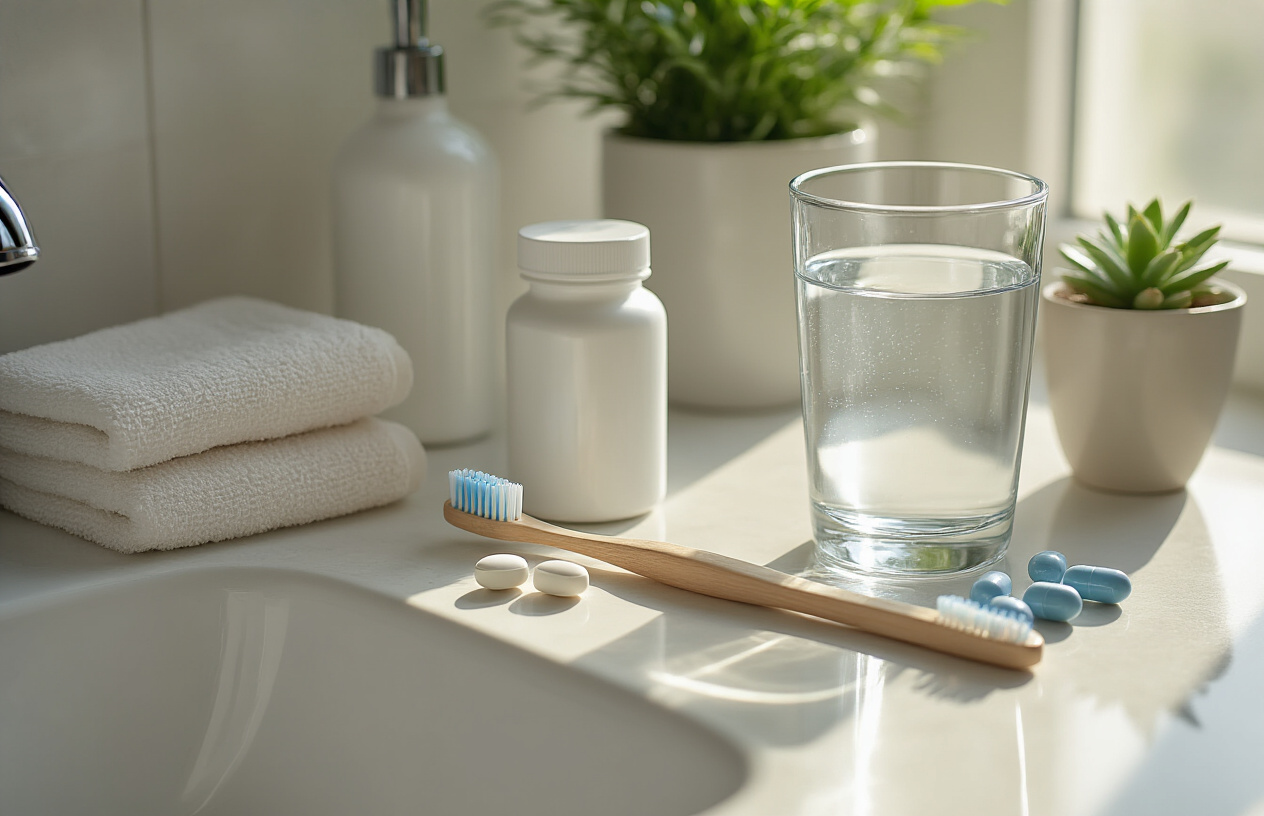 Create a realistic image of a bathroom countertop with oral health products including a toothbrush, probiotic supplements, and a tongue scraper arranged neatly beside a glass of water, with a small potted plant adding a touch of nature, all under soft, natural lighting, conveying a clean, healthy morning routine for oral microbiome care.