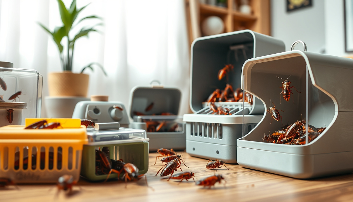  Various roach traps with trapped cockroaches, realistic details, home environment
