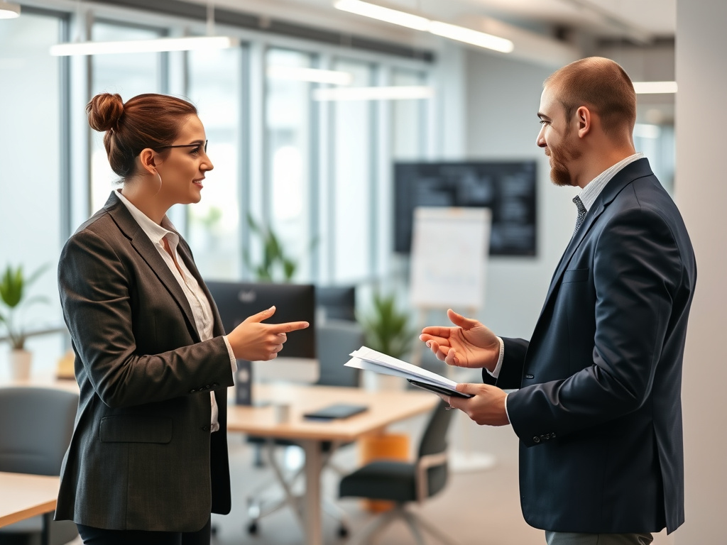 businessperson discussing project timeline with SEO consultant in a modern office environment