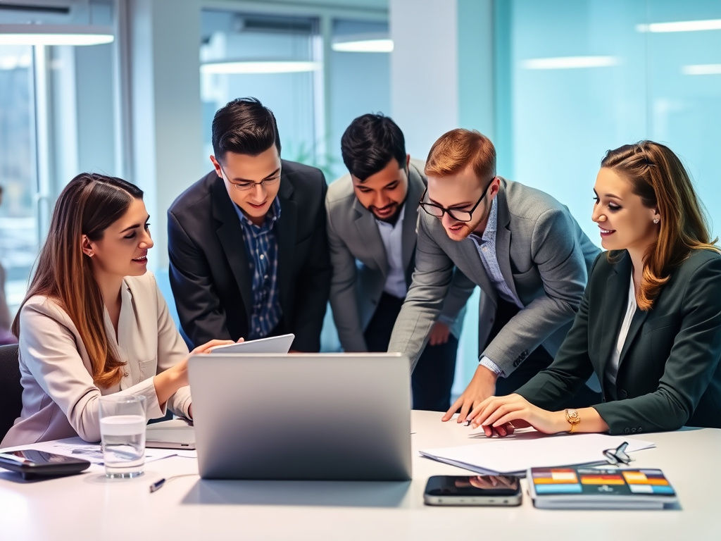 professional team collaborating on SEO strategy in a corporate workspace